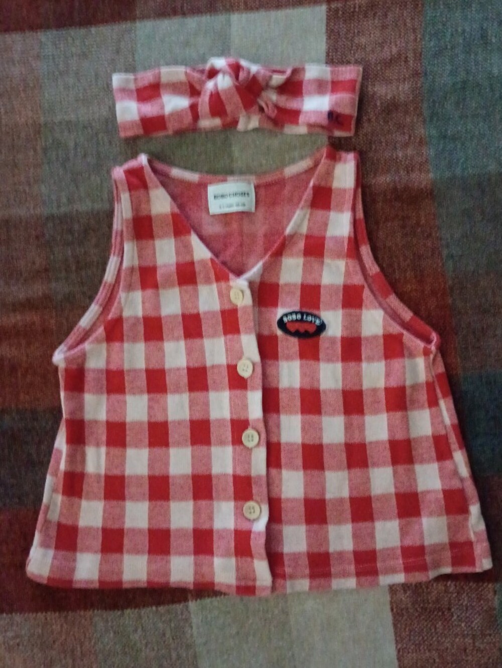 Bobo Choses Red Gingham Organic Cotton Vest & Headband 4/5Y